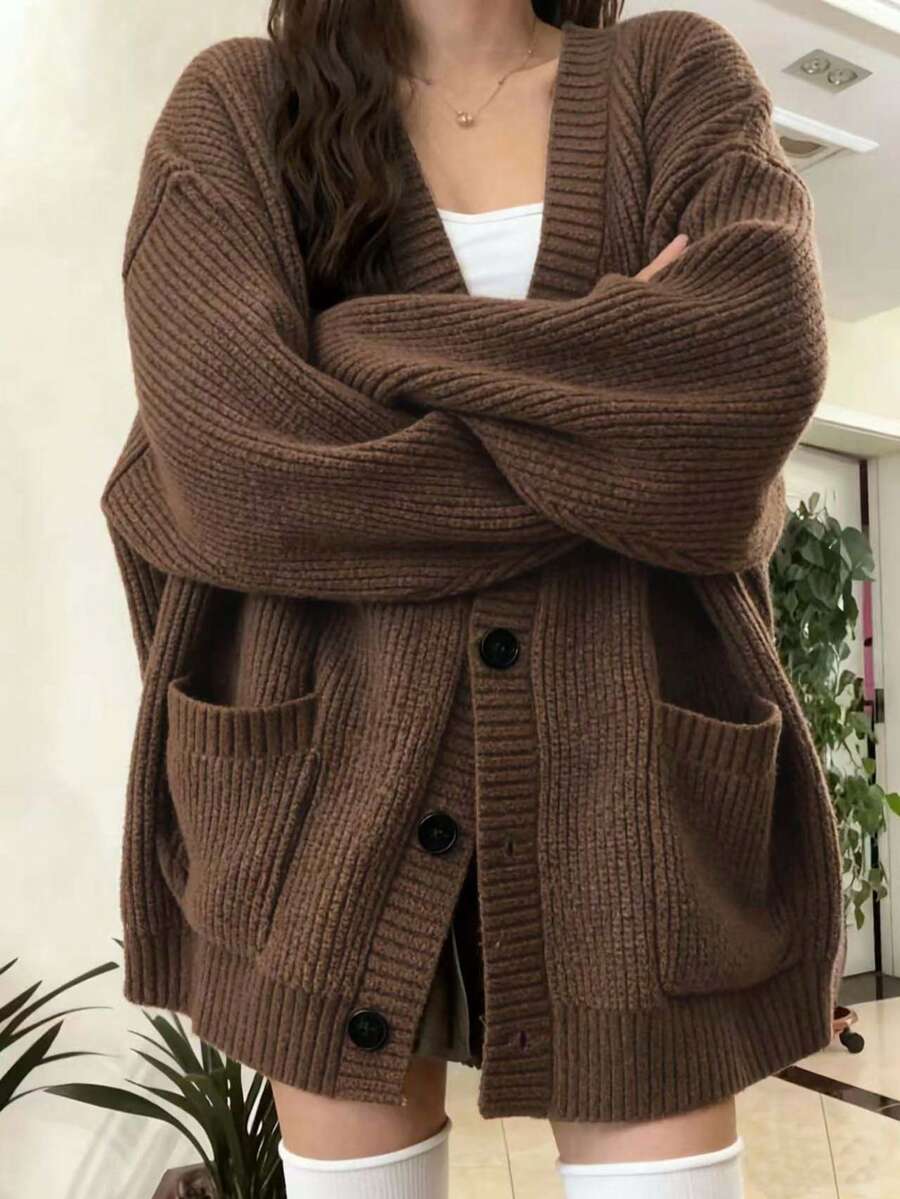 Bettina Oversized Chunky Cardigan with V Neck and Pockets - Chocolate Brown