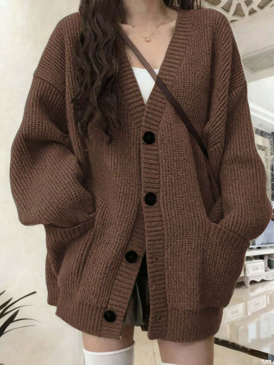 Bettina Oversized Chunky Cardigan with V Neck and Pockets - Chocolate Brown