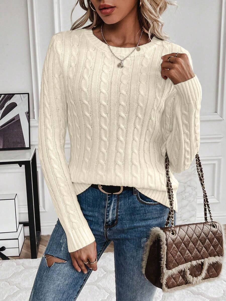 Livia Twist Cable Knit Crew Neck Sweater Fitted Pullover - Cream