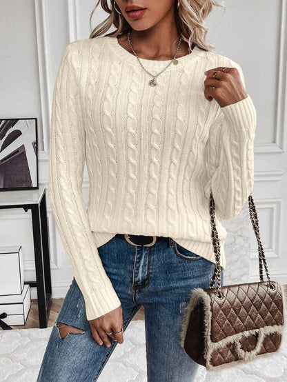 Livia Twist Cable Knit Crew Neck Sweater Fitted Pullover - Cream