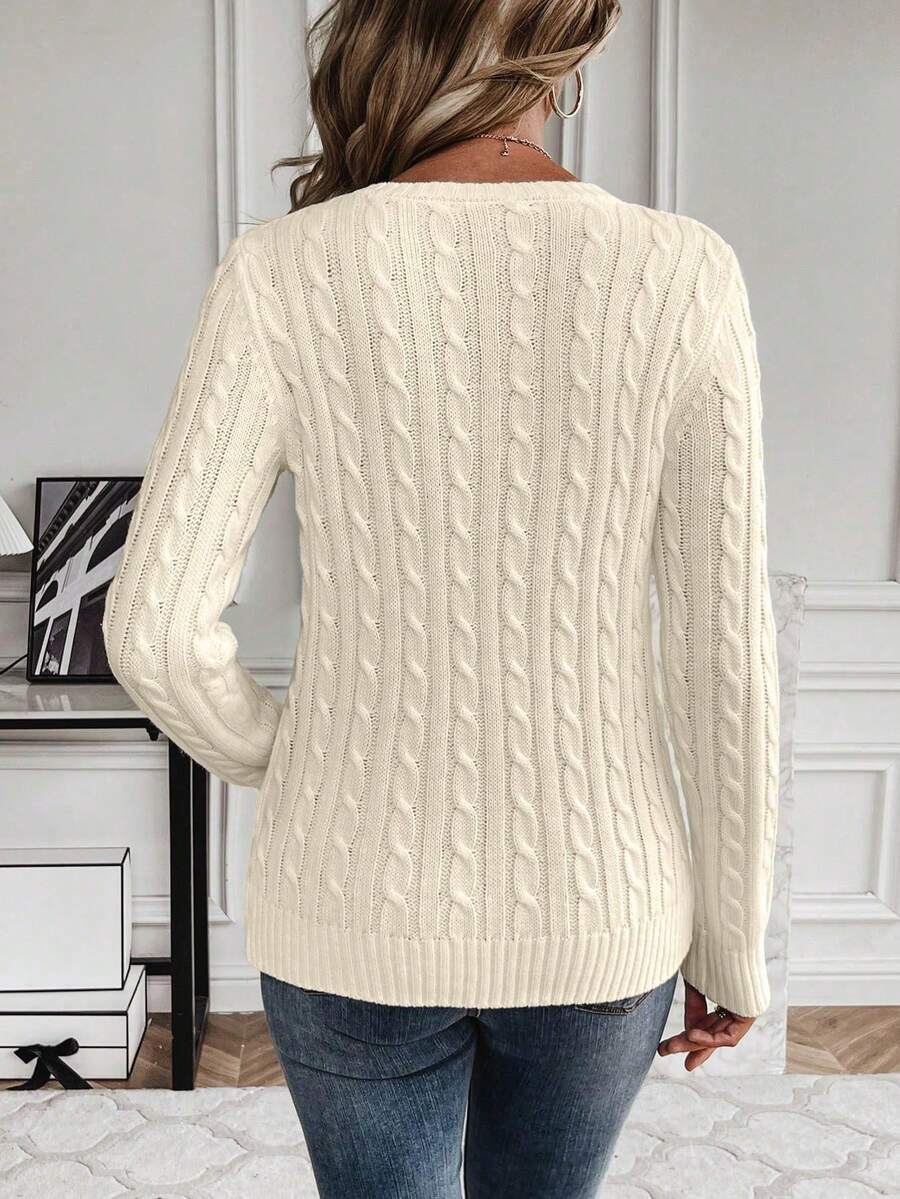 Livia Twist Cable Knit Crew Neck Sweater Fitted Pullover - Cream