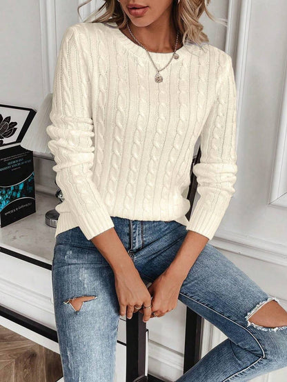 Livia Twist Cable Knit Crew Neck Sweater Fitted Pullover - Cream