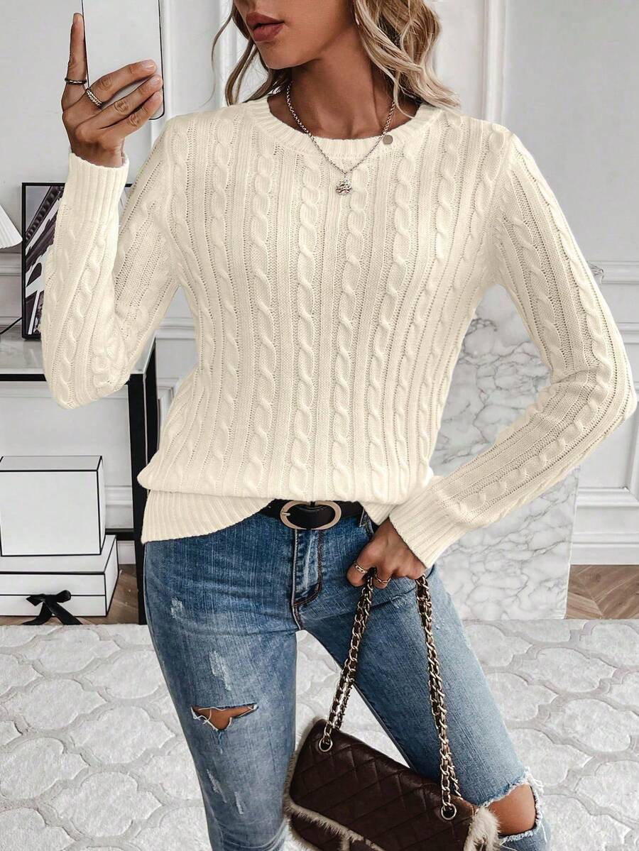 Livia Twist Cable Knit Crew Neck Sweater Fitted Pullover - Cream
