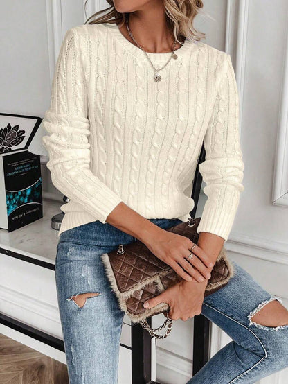 Livia Twist Cable Knit Crew Neck Sweater Fitted Pullover - Cream