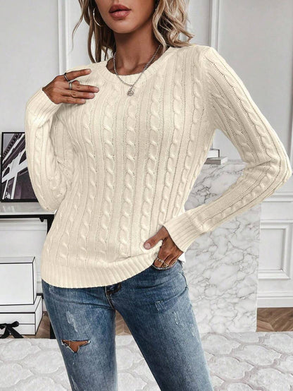 Livia Twist Cable Knit Crew Neck Sweater Fitted Pullover - Cream