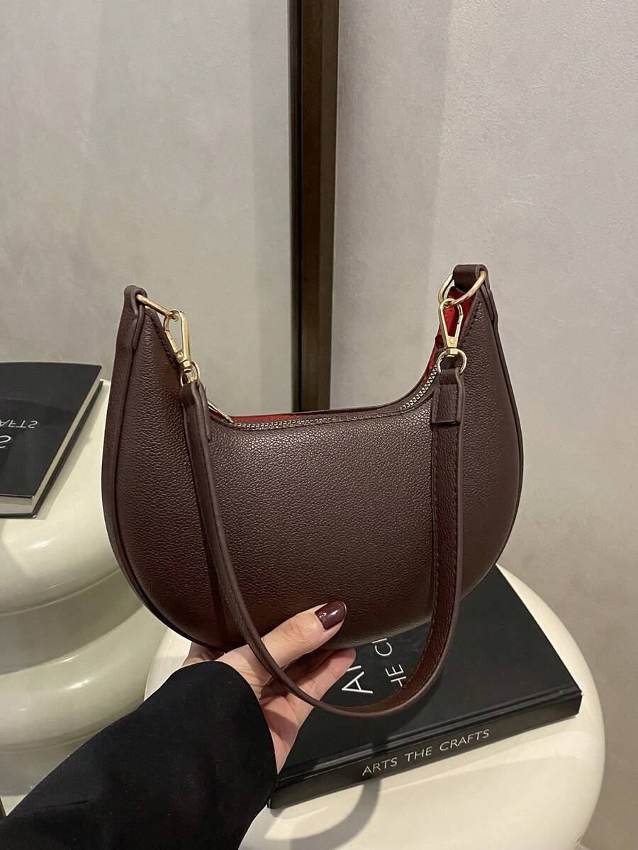 Women's Crescent Shoulder Bag, Faux Leather Half Moon Purse with Gold Hardware
