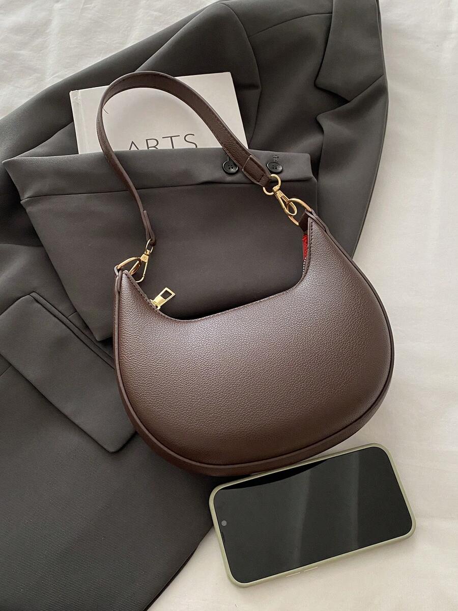 Women's Crescent Shoulder Bag, Faux Leather Half Moon Purse with Gold Hardware