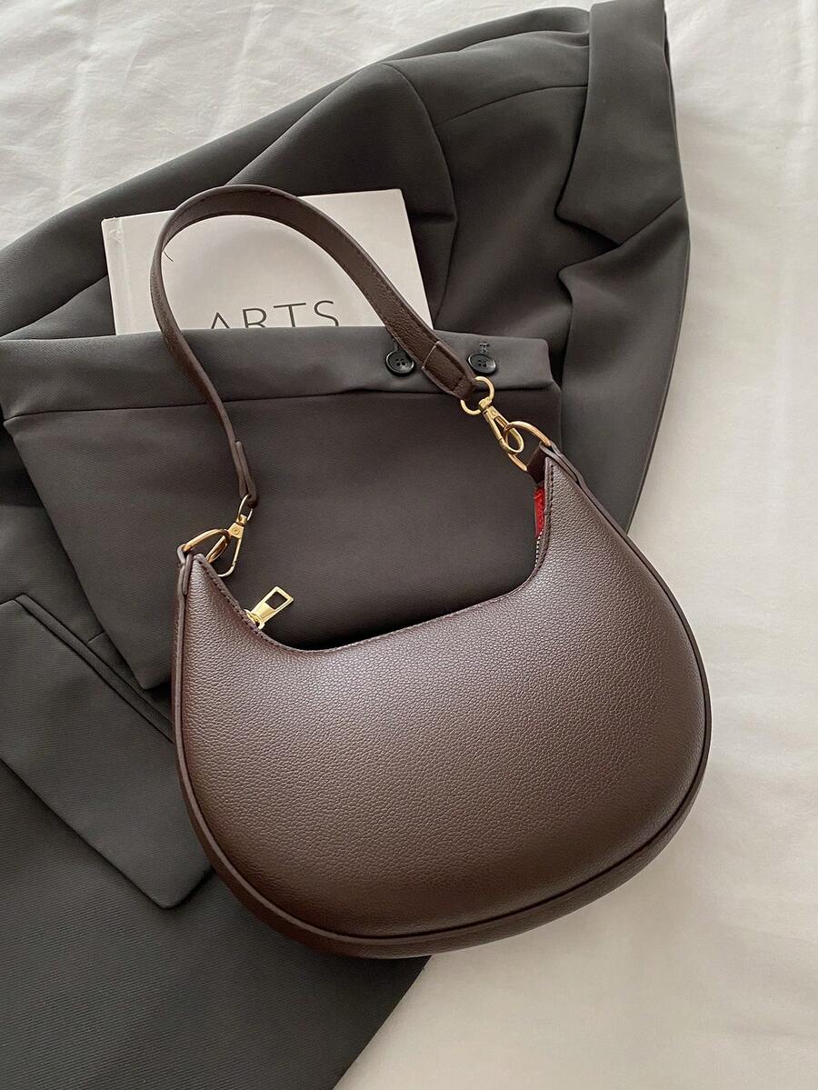 Women's Crescent Shoulder Bag, Faux Leather Half Moon Purse with Gold Hardware