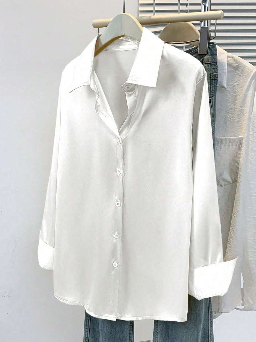 Valeria Satin Long Sleeve Button Down Collared Shirt - White