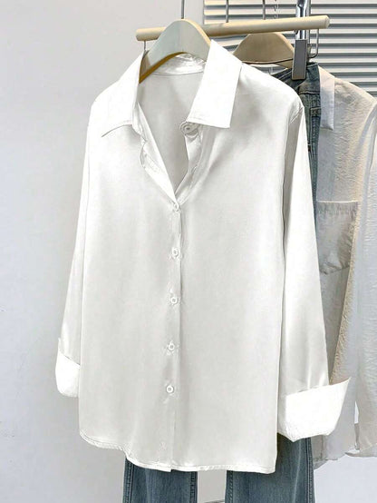 Valeria Satin Long Sleeve Button Down Collared Shirt - White