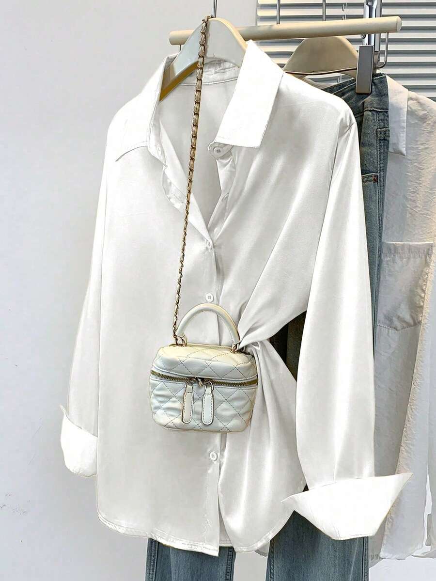 Valeria Satin Long Sleeve Button Down Collared Shirt - White