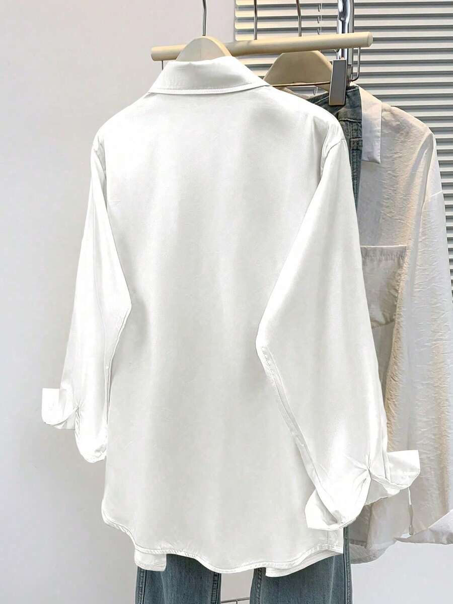 Valeria Satin Long Sleeve Button Down Collared Shirt - White