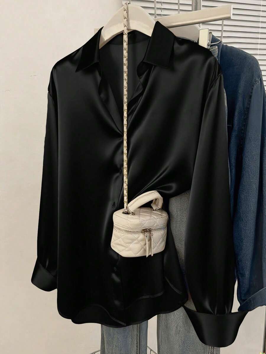 Valeria Satin Long Sleeve Button Down Collared Shirt - Black