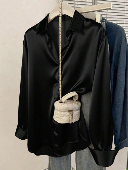 Valeria Satin Long Sleeve Button Down Collared Shirt - Black