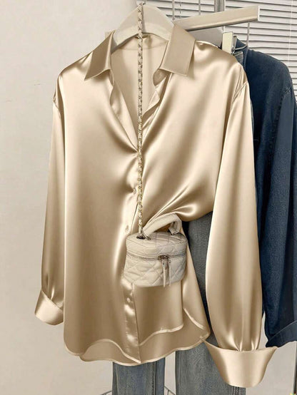 Valeria Satin Long Sleeve Button Down Collared Shirt - Champagne