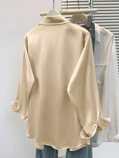 Valeria Satin Long Sleeve Button Down Collared Shirt - Champagne
