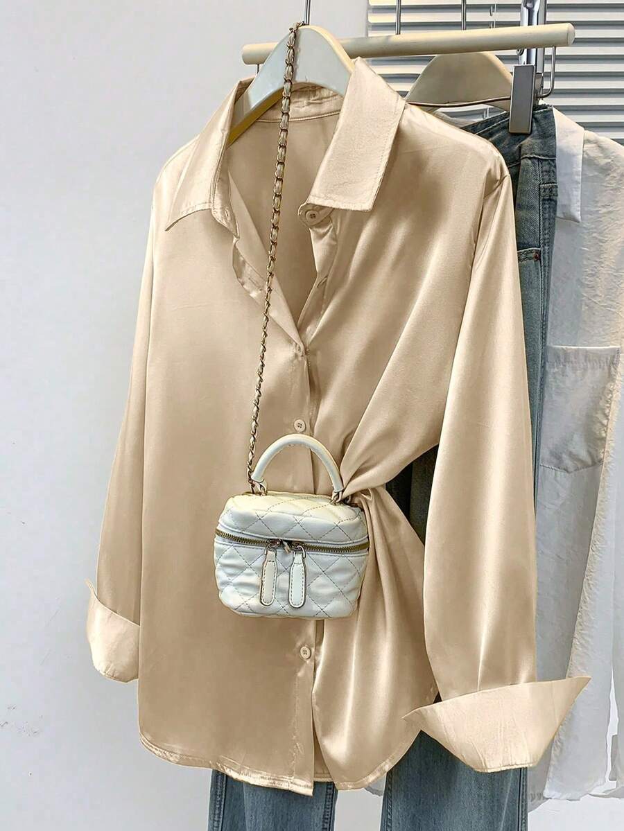 Valeria Satin Long Sleeve Button Down Collared Shirt - Champagne