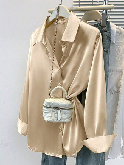 Valeria Satin Long Sleeve Button Down Collared Shirt - Champagne