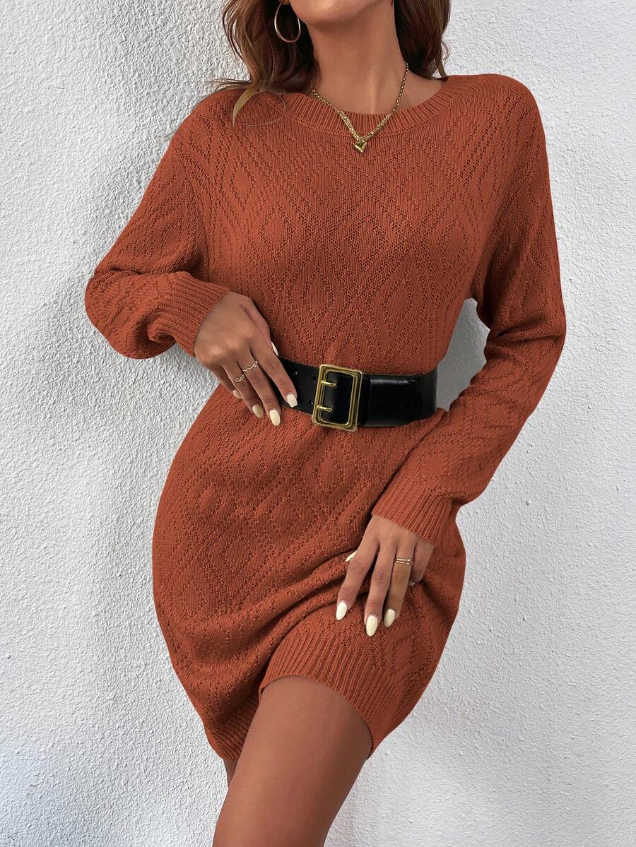 Women's Drop Shoulder Knit Sweater Dress, Relaxed Long Sleeve Dress for Fall Winter - Yellow