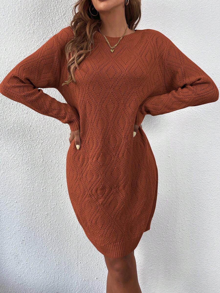 Women's Drop Shoulder Knit Sweater Dress, Relaxed Long Sleeve Dress for Fall Winter - Light Grey