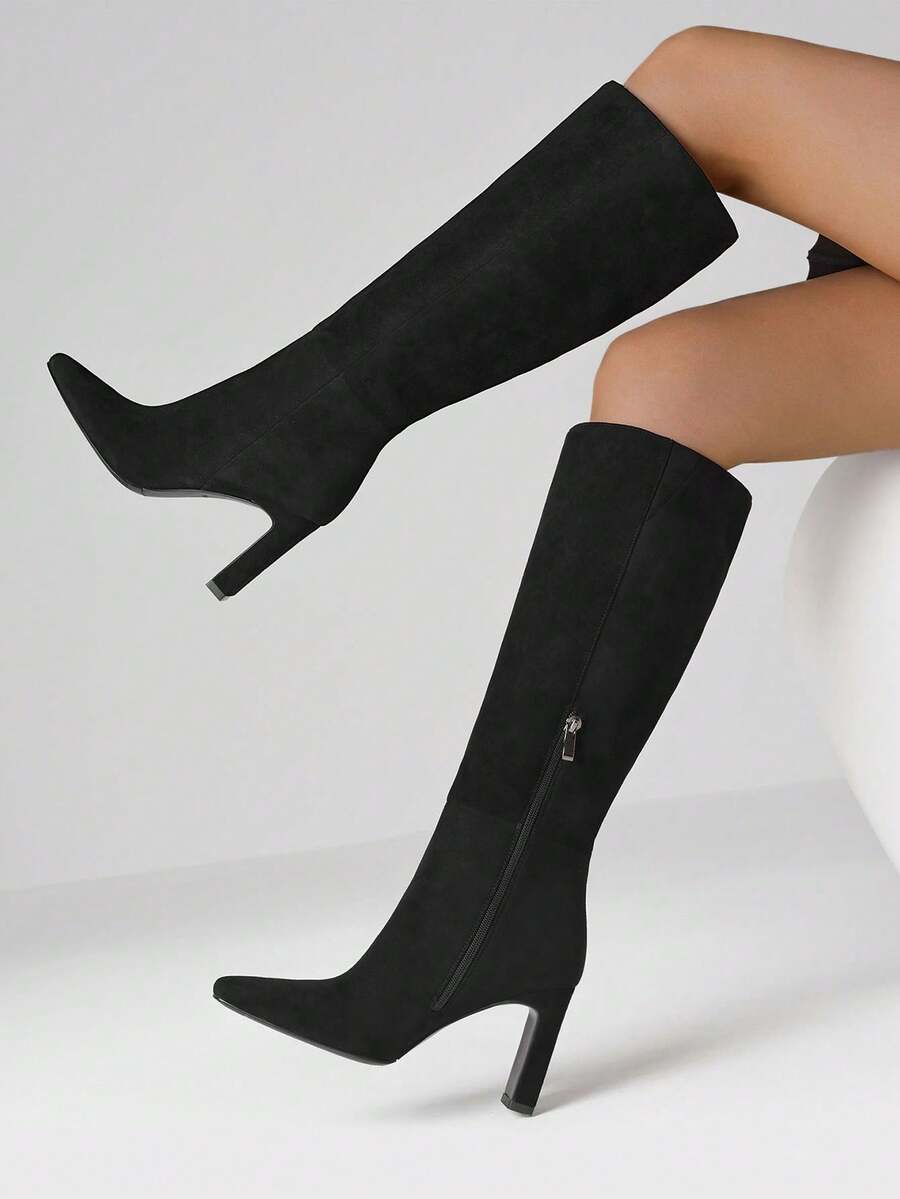 Women's Solid Knee High Boots Fashion Square Toe Block Chunky High Heels Side Zipper Party Dress Sexy Fall Boots Woman Mensa