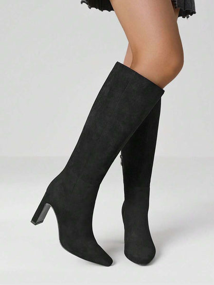Women's Solid Knee High Boots Fashion Square Toe Block Chunky High Heels Side Zipper Party Dress Sexy Fall Boots Woman Mensa