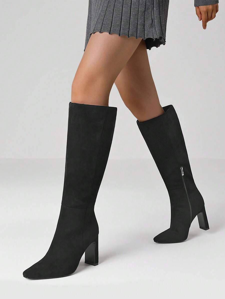 Women's Solid Knee High Boots Fashion Square Toe Block Chunky High Heels Side Zipper Party Dress Sexy Fall Boots Woman Mensa