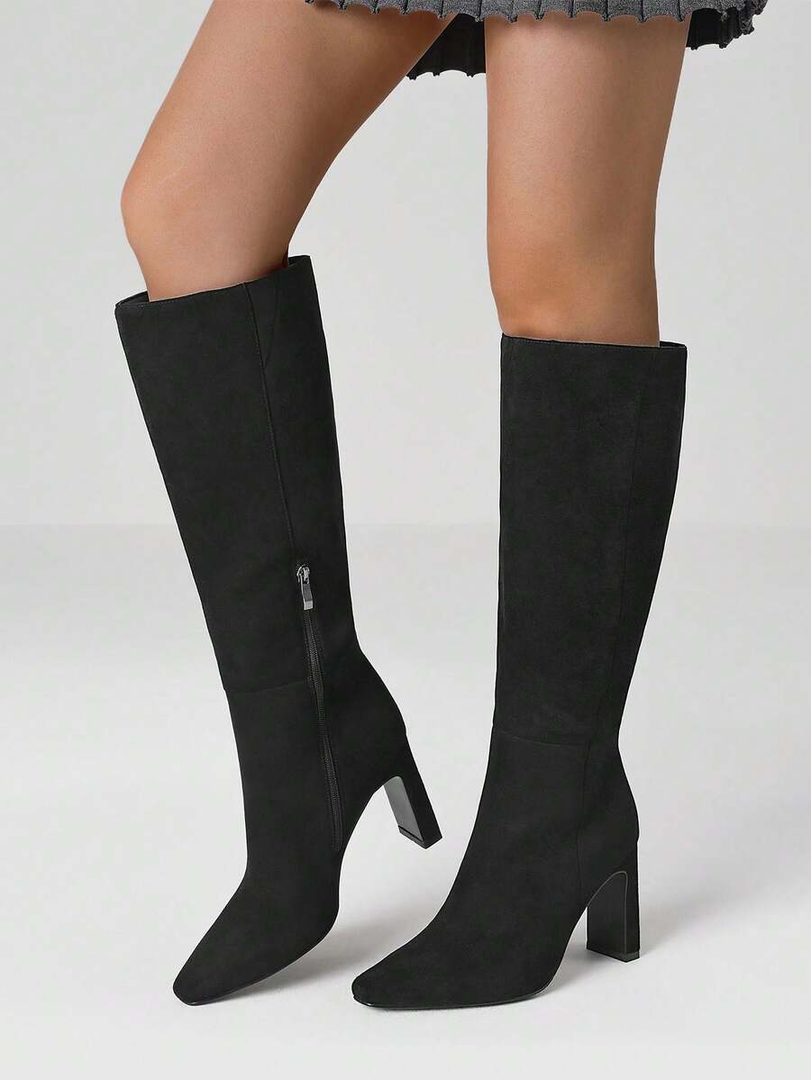Women's Solid Knee High Boots Fashion Square Toe Block Chunky High Heels Side Zipper Party Dress Sexy Fall Boots Woman Mensa
