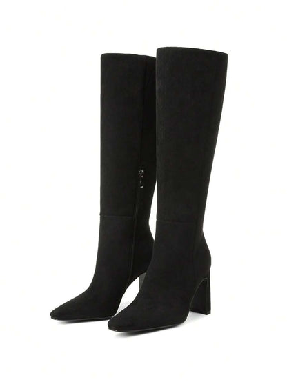 Women's Solid Knee High Boots Fashion Square Toe Block Chunky High Heels Side Zipper Party Dress Sexy Fall Boots Woman Mensa