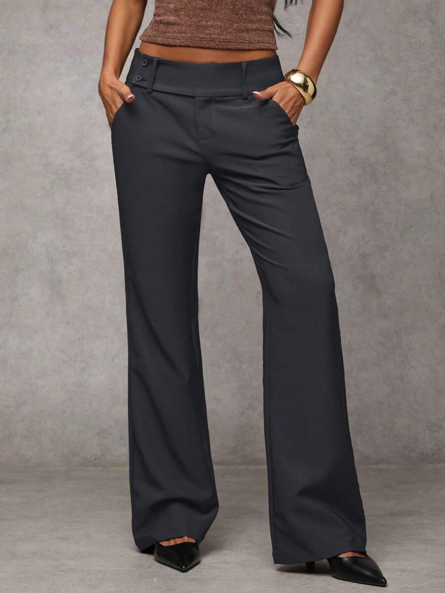 Antonia Low Rise Flare Leg Tailored Trousers with Pockets - Dark Grey