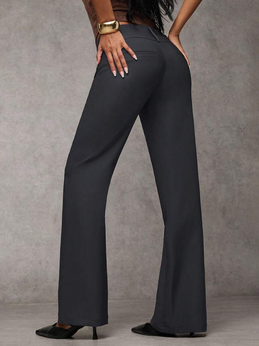 Antonia Low Rise Flare Leg Tailored Trousers with Pockets - Dark Grey