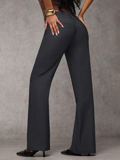Antonia Low Rise Flare Leg Tailored Trousers with Pockets - Dark Grey