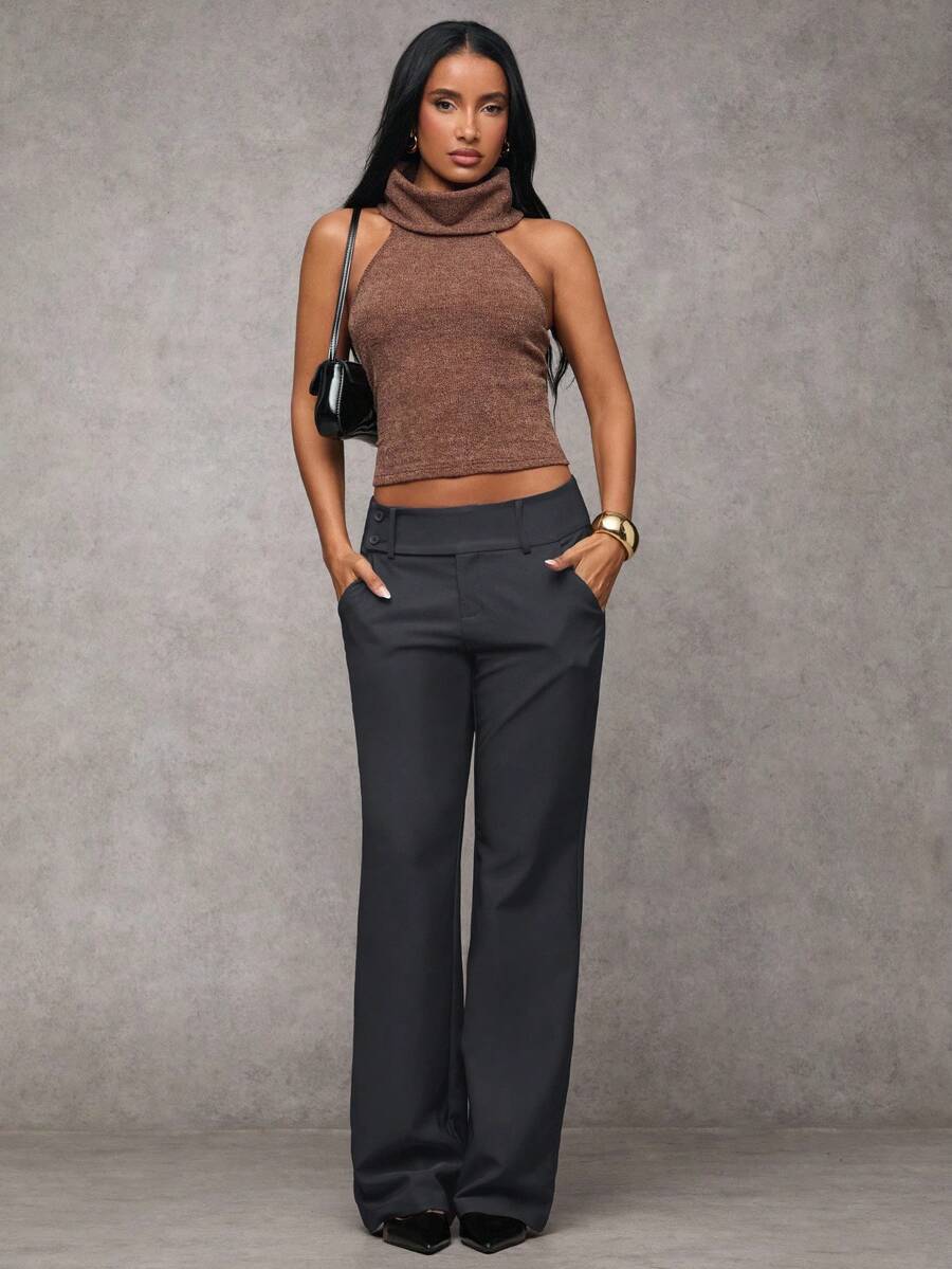 Antonia Low Rise Flare Leg Tailored Trousers with Pockets - Dark Grey