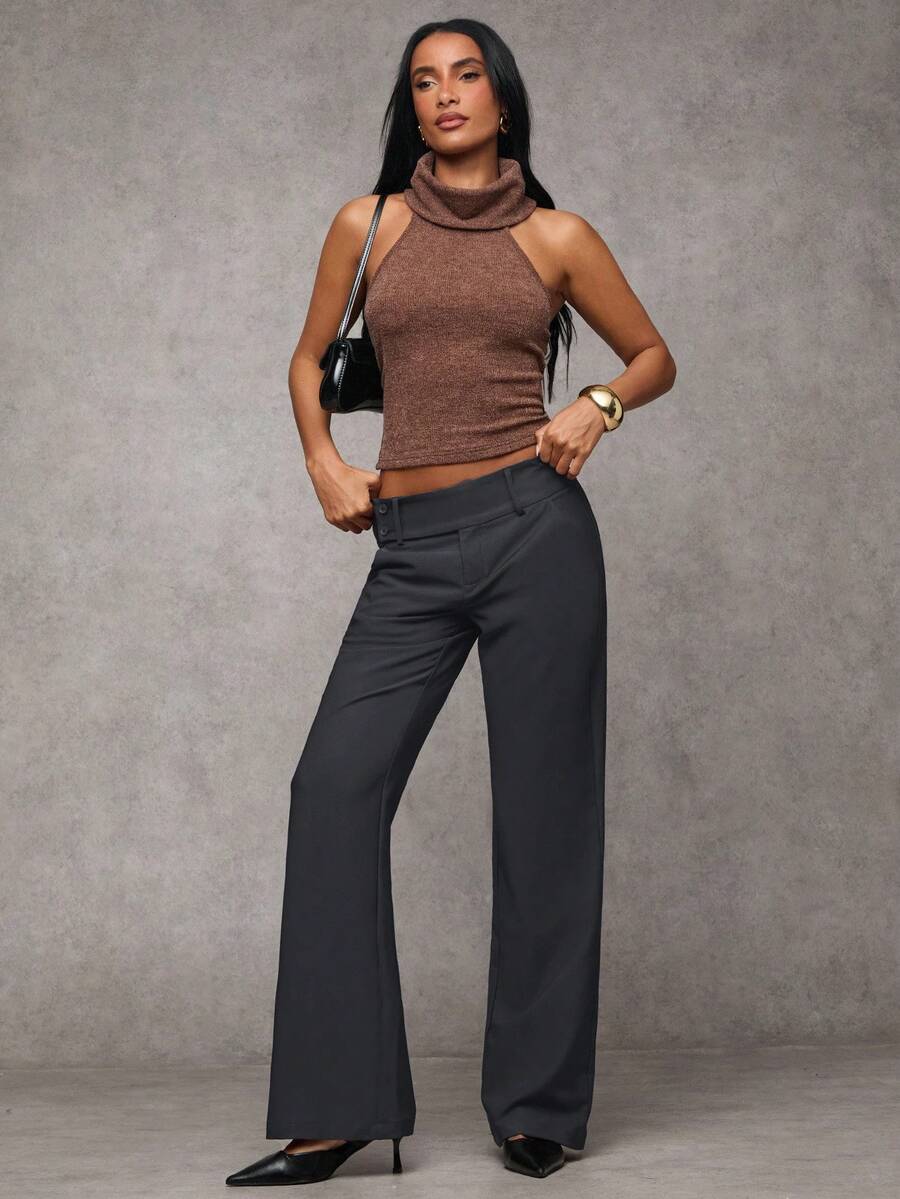 Antonia Low Rise Flare Leg Tailored Trousers with Pockets - Dark Grey