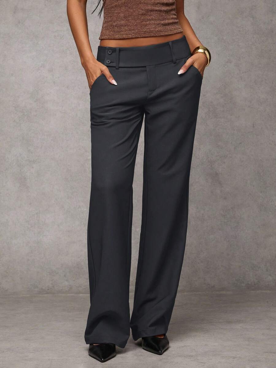 Antonia Low Rise Flare Leg Tailored Trousers with Pockets - Dark Grey