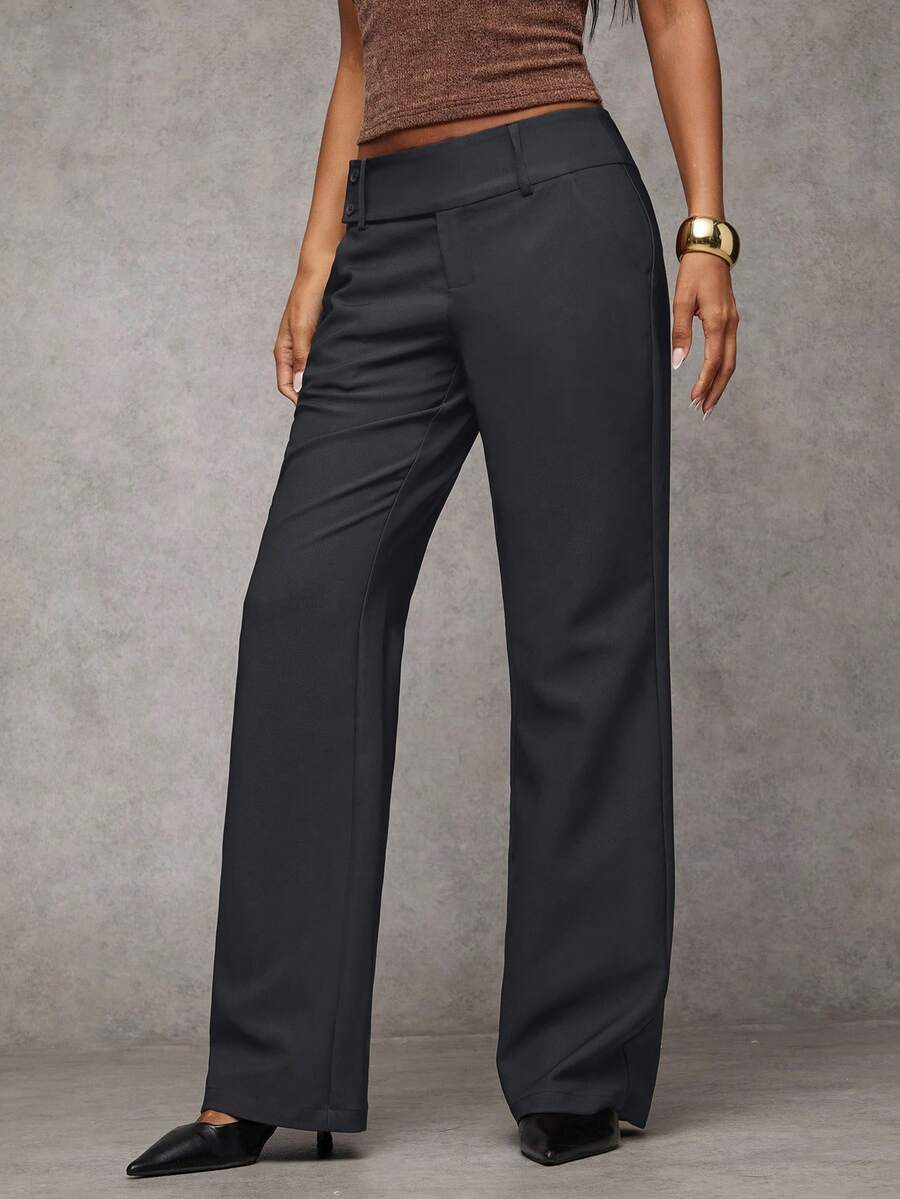 Antonia Low Rise Flare Leg Tailored Trousers with Pockets - Dark Grey