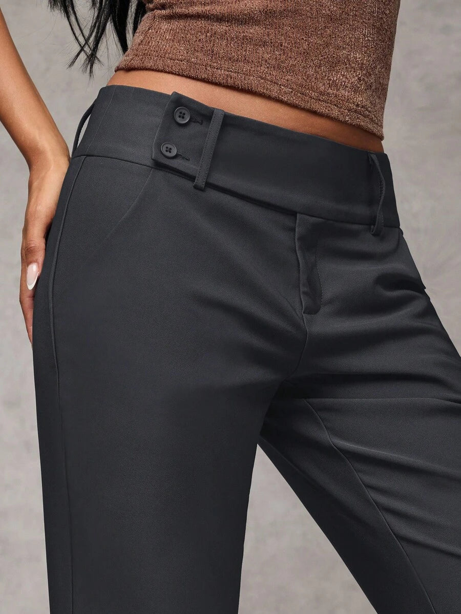 Antonia Low Rise Flare Leg Tailored Trousers with Pockets - Dark Grey