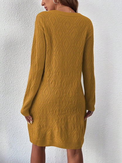 Women's Drop Shoulder Knit Sweater Dress, Relaxed Long Sleeve Dress for Fall Winter - Chocolate Brown