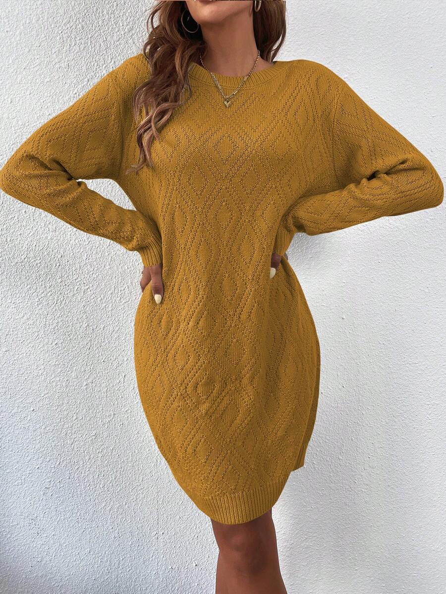 Women's Drop Shoulder Knit Sweater Dress, Relaxed Long Sleeve Dress for Fall Winter - Apricot