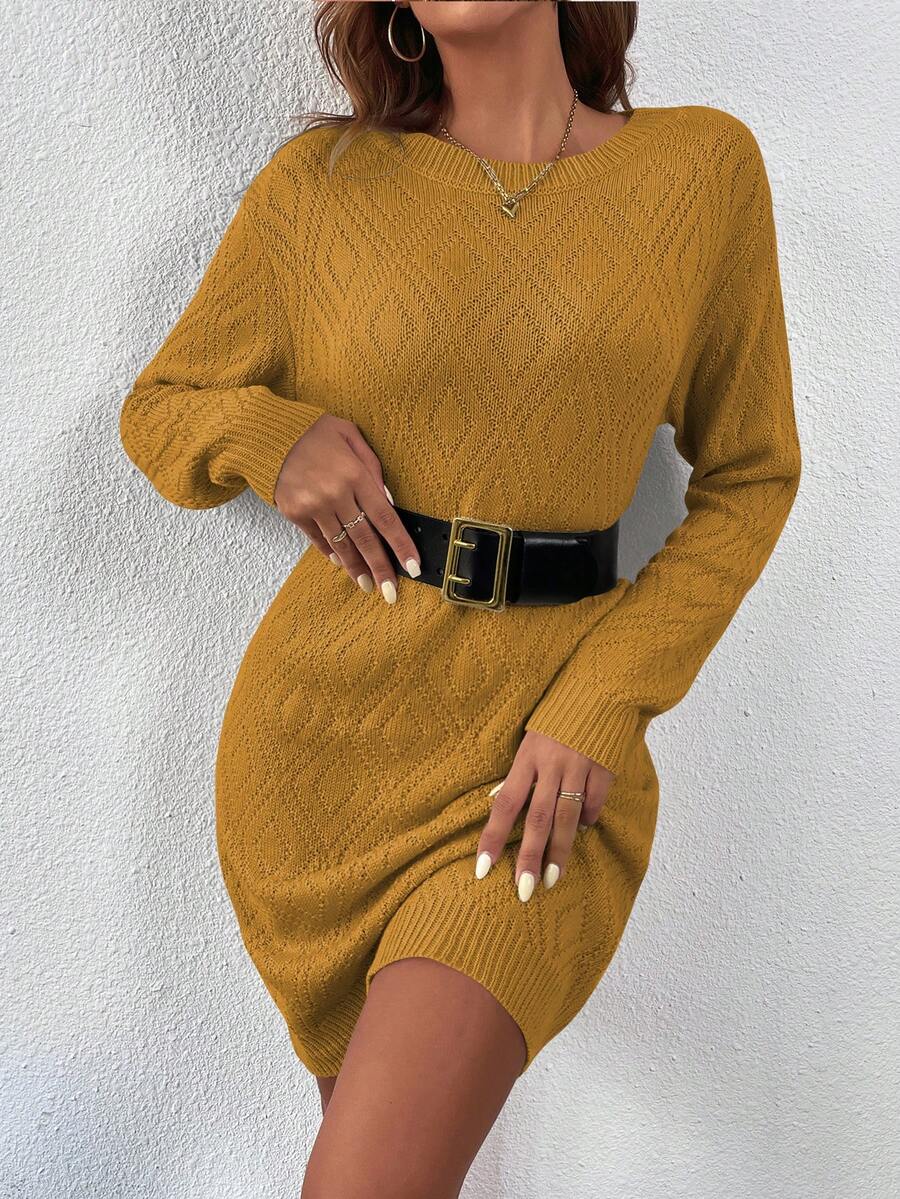 Women's Drop Shoulder Knit Sweater Dress, Relaxed Long Sleeve Dress for Fall Winter - Black