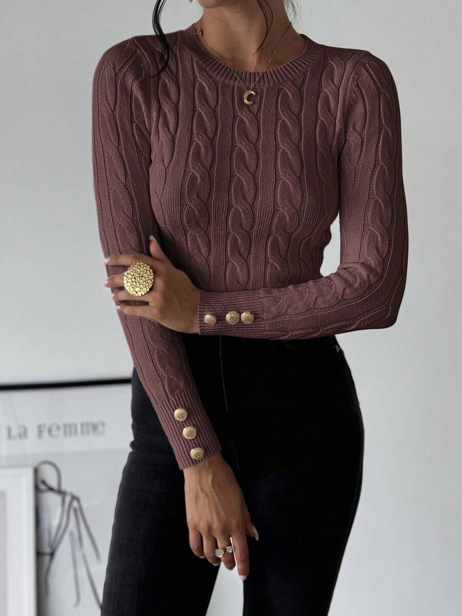 Nerissa Slim Cable Knit Sweater with Crew Neck and Button Detail - Rosewood