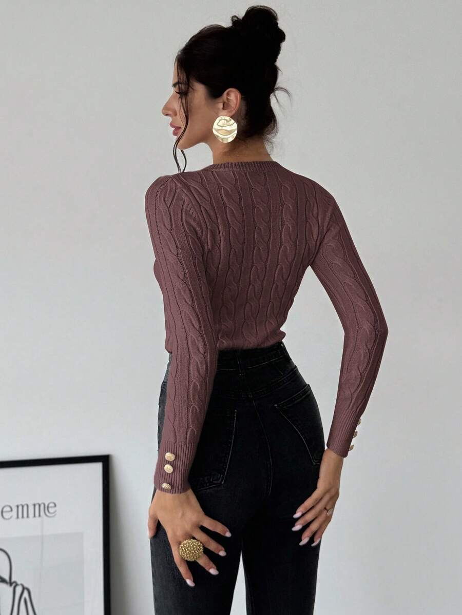 Nerissa Slim Cable Knit Sweater with Crew Neck and Button Detail - Rosewood