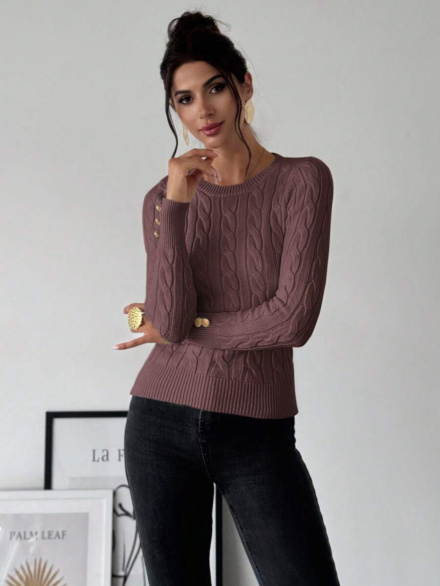 Nerissa Slim Cable Knit Sweater with Crew Neck and Button Detail - Rosewood