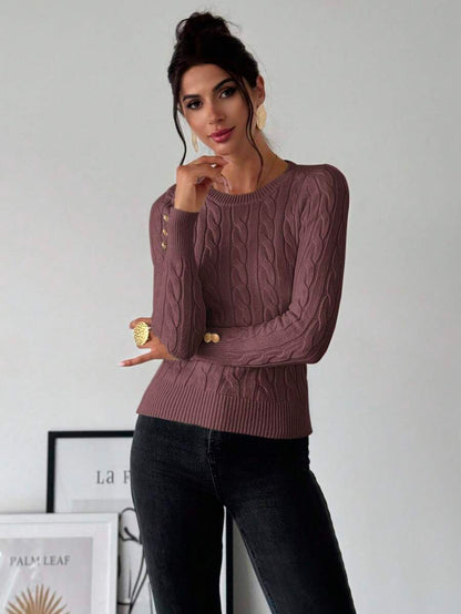 Nerissa Slim Cable Knit Sweater with Crew Neck and Button Detail - Rosewood