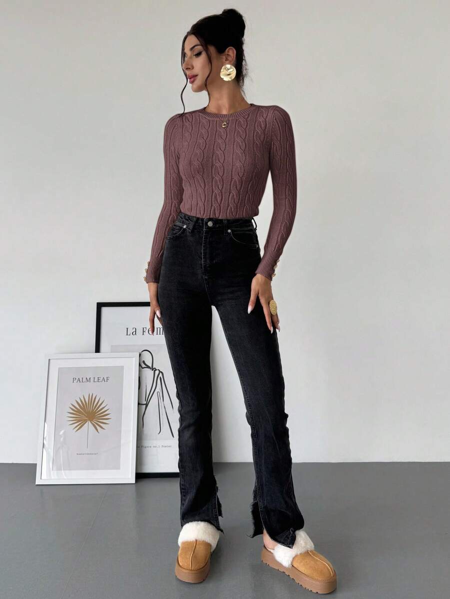 Nerissa Slim Cable Knit Sweater with Crew Neck and Button Detail - Rosewood
