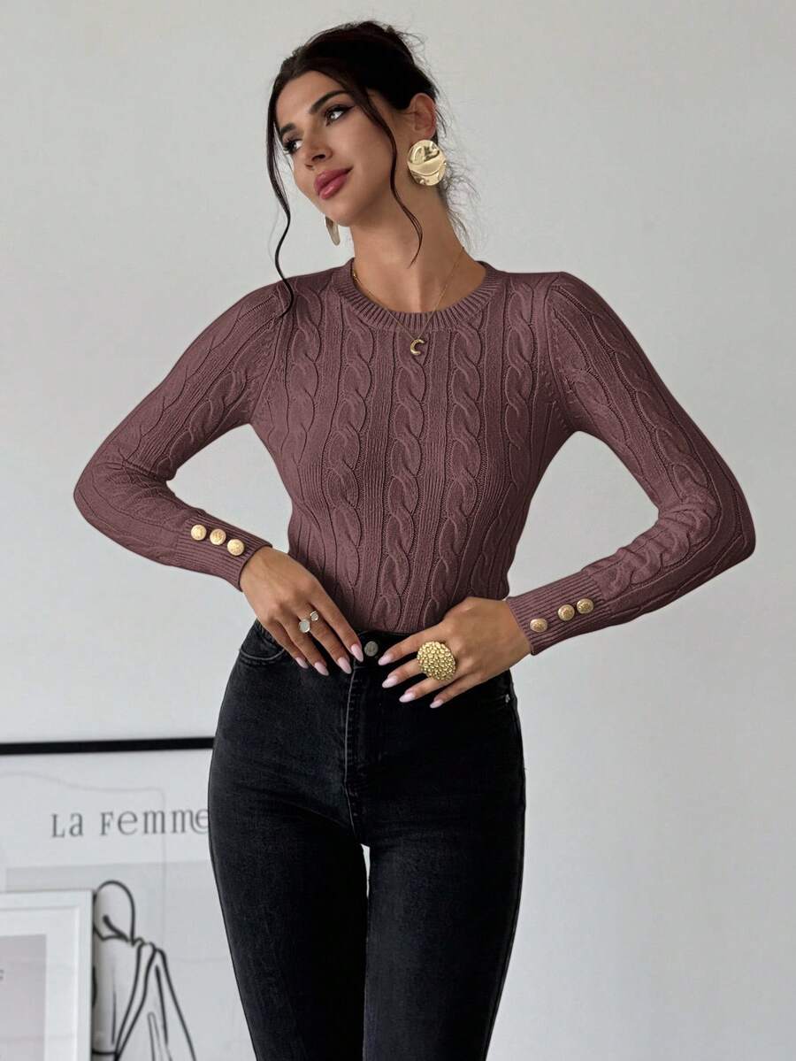 Nerissa Slim Cable Knit Sweater with Crew Neck and Button Detail - Rosewood