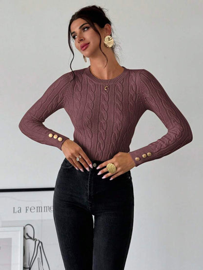 Nerissa Slim Cable Knit Sweater with Crew Neck and Button Detail - Rosewood