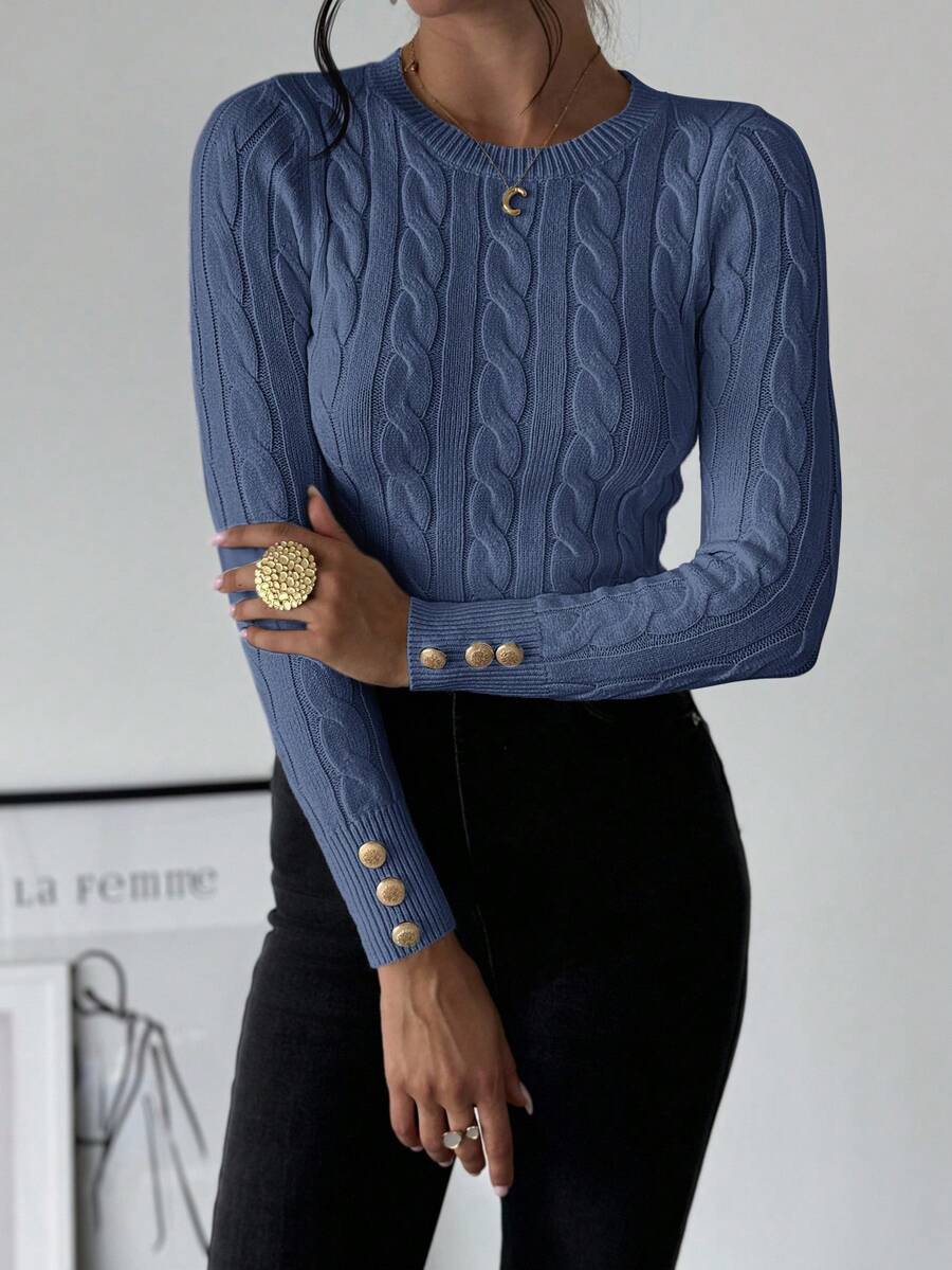 Nerissa Slim Cable Knit Sweater with Crew Neck and Button Detail - Dusty Blue