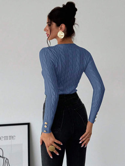 Nerissa Slim Cable Knit Sweater with Crew Neck and Button Detail - Dusty Blue