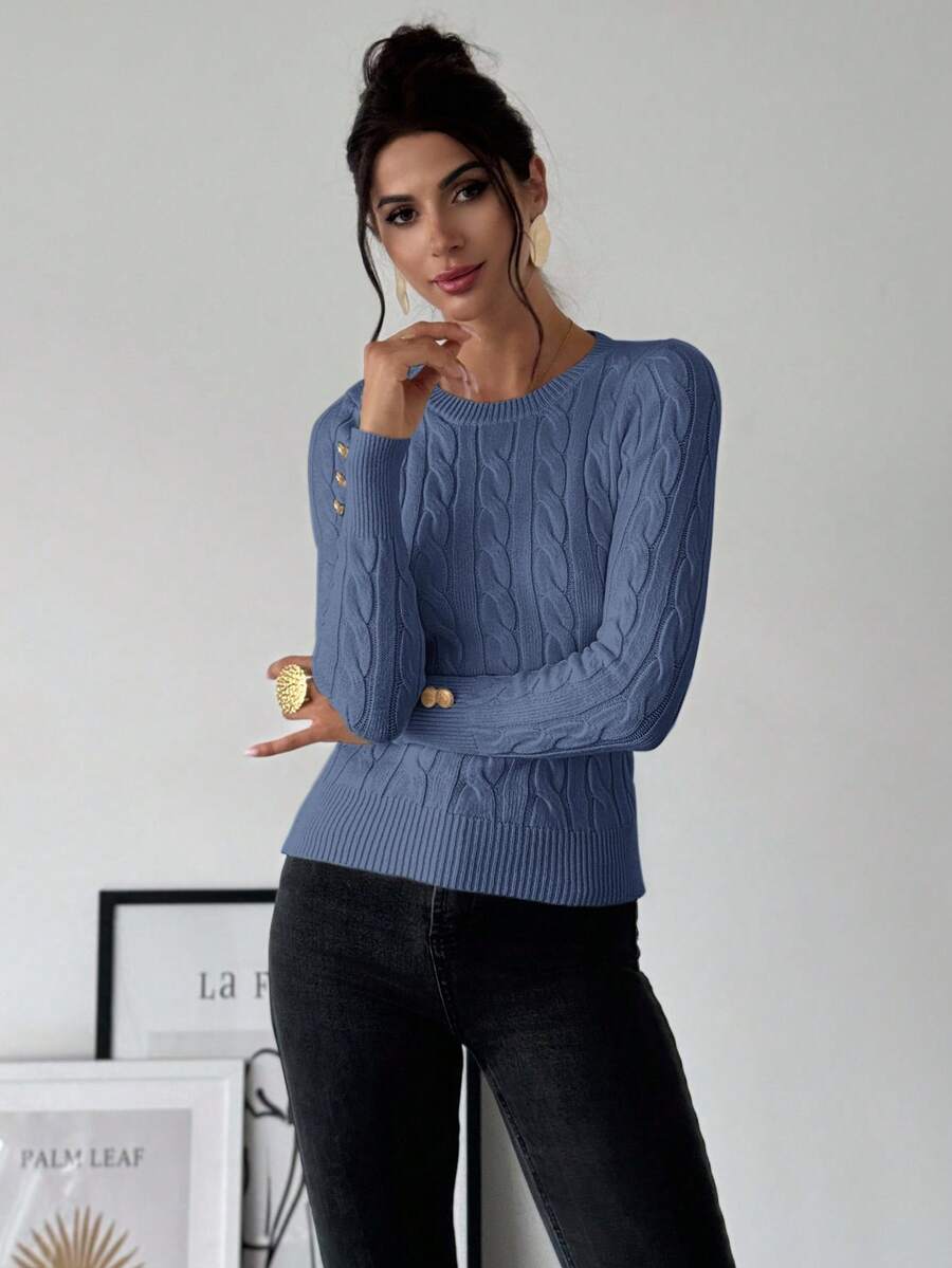 Nerissa Slim Cable Knit Sweater with Crew Neck and Button Detail - Dusty Blue